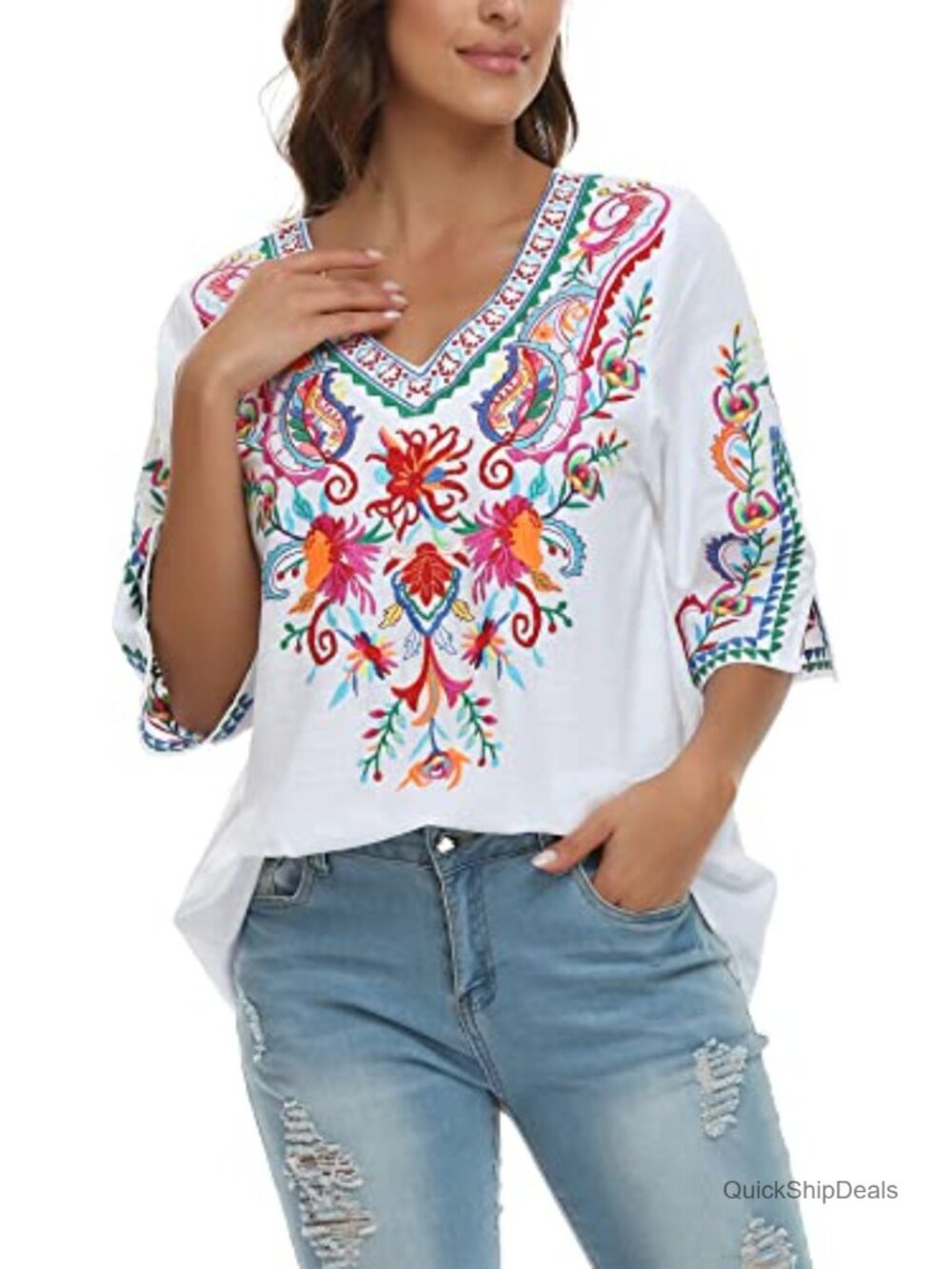 Womens Boho Floral Embroidered Tunic Blouse V-Neck 3/4 Sleeve Peasant Top